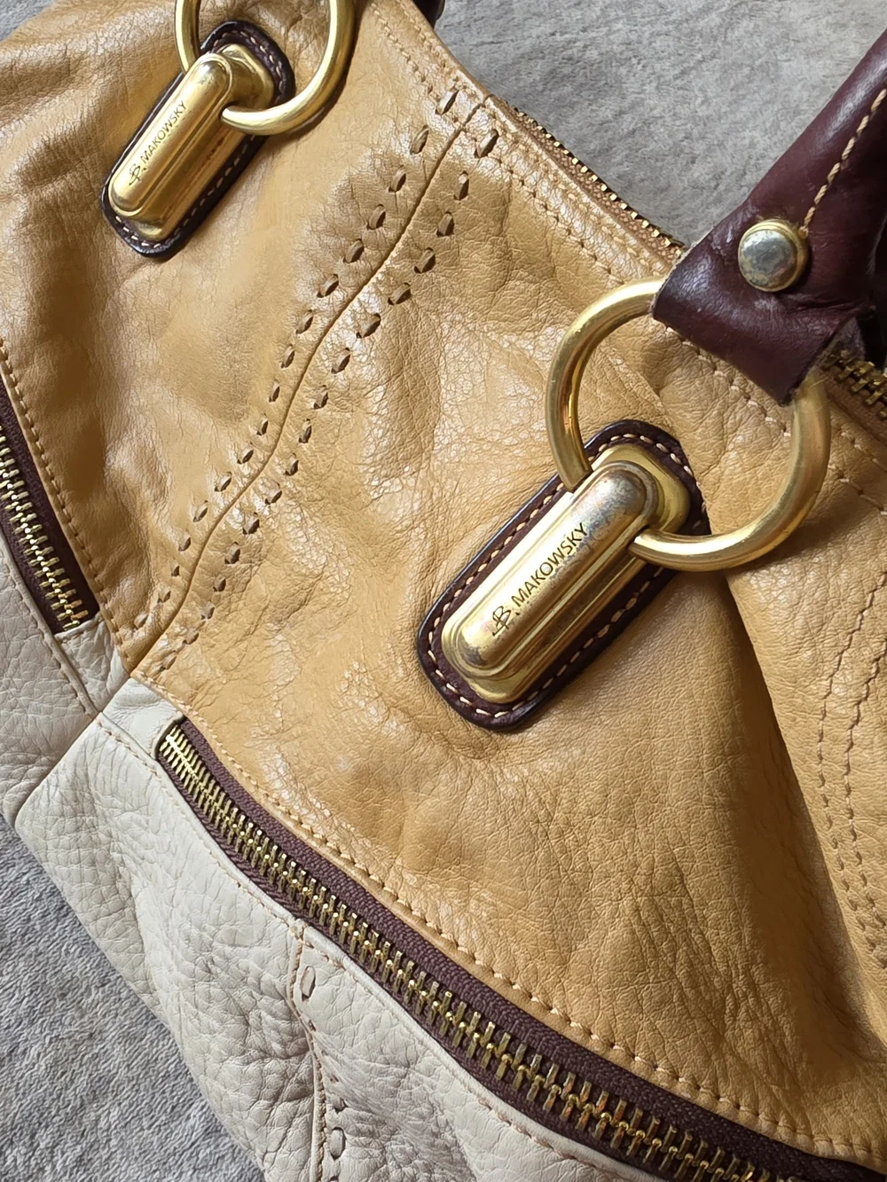 B. Makowsky Colorblock Leather Satchel cream, tan, brown Shoulder Bag